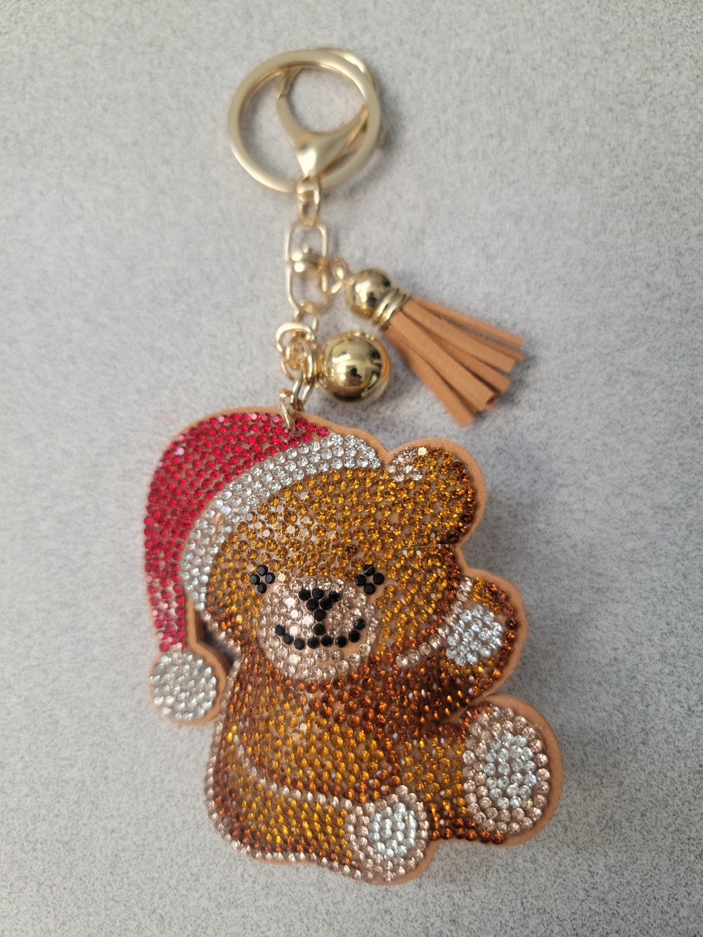 Sparkling Teddy Bear Christmas Keychain - Gold/Brown
